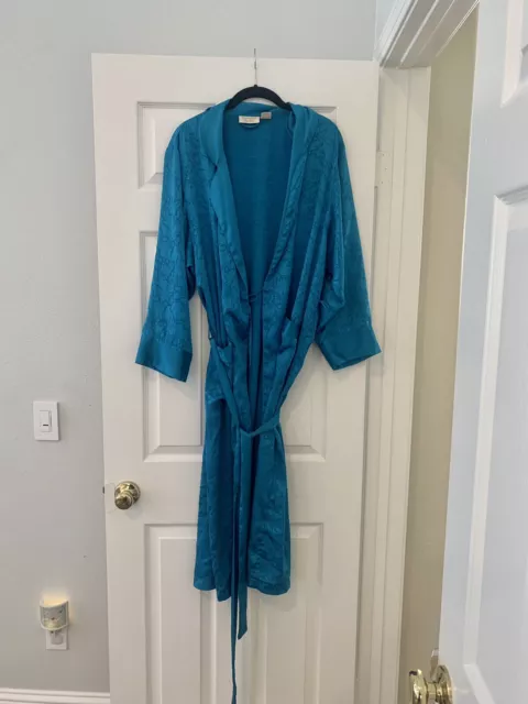Vintage victoria's secret teal blue satin jacquard robe w/ belt size small
