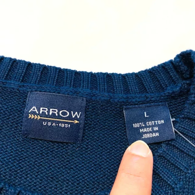 NWT Arrow USA Knit Sweater Pullover Fisherman Striped Cotton Navy Blue Gray L 3