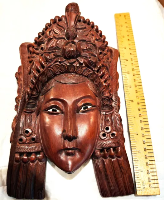 Antq.10" Carved Rosewood Chinese Daoist Empress Mask With Inlaid Alabaster Eyes 3