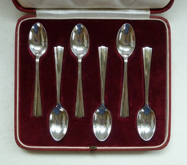 6 englische Harrods Sterlingsilber Kaffeelöffel, London 1938, in Originalbox