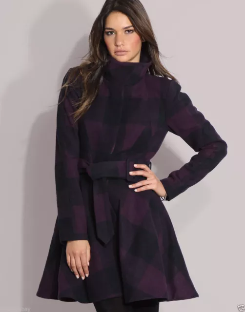 ASOS Purple Tartan Check Fit Flare Belted Skirted Princess Riding Wool Coat UK14 2