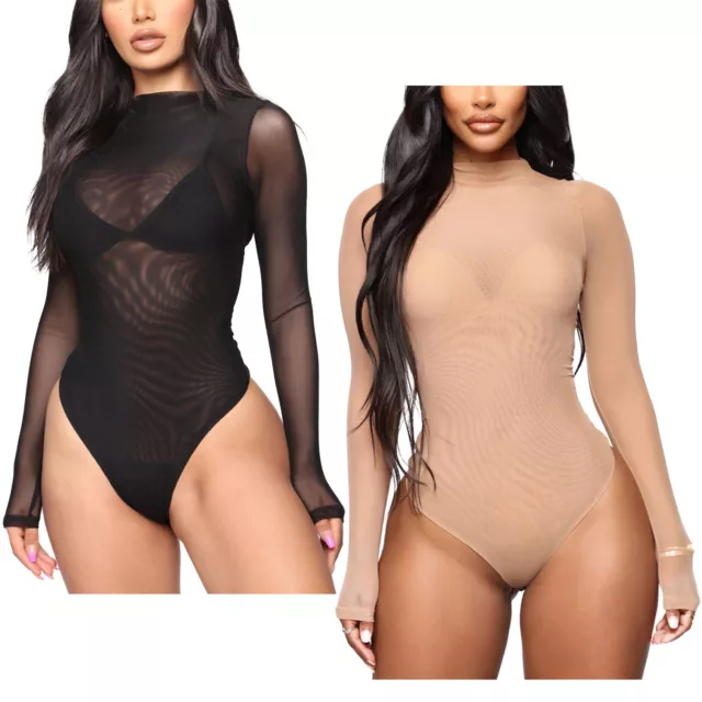 Damen Body transparent Langarmbody transparenter Bodysuit Hoher Schnitt Trikot