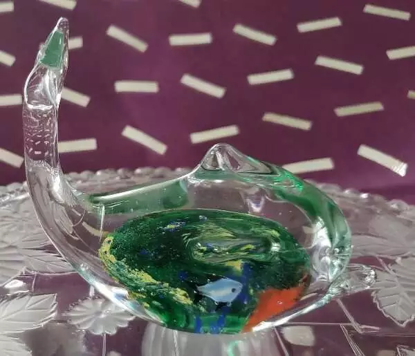 Thriftchi Art Glass Whale Clear With Coral Reef Scene Colors Deep Inside 4.5" Sc