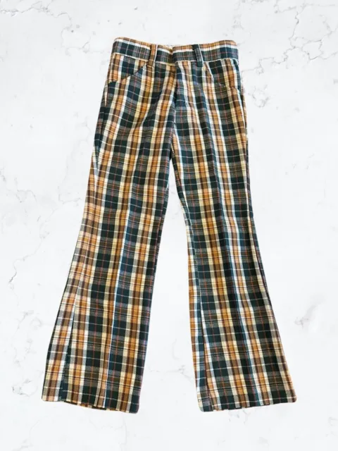 Vtg 70s Winnie The Pooh Plaid Bellbottom Pants Kids Sears Perma Prest Sz 10 Slim