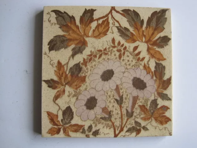 ANTIQUE 6" VICTORIAN COLOURED BLOCK PRINT PINK FLORAL TILE - WEDGWOOD? c1890