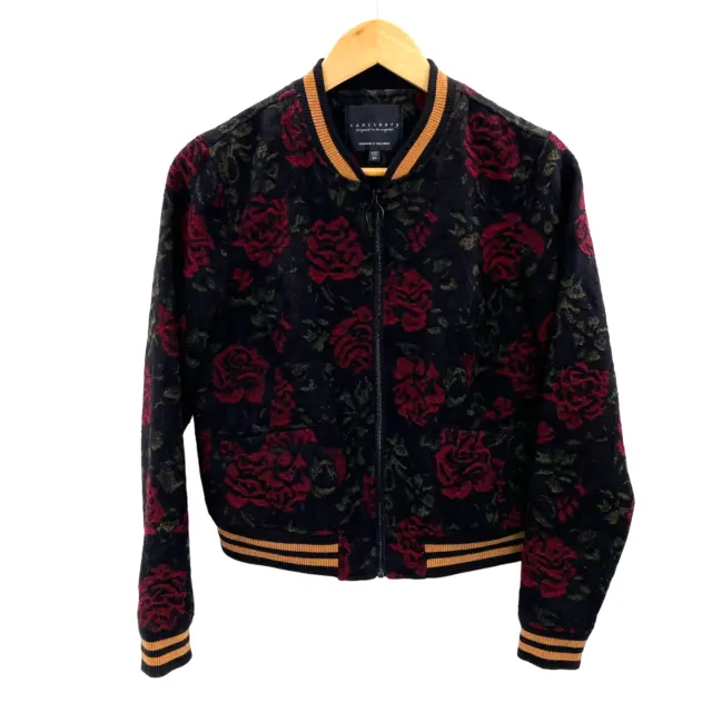 Sanctuary Bomber Jacket Womens XS Black Red Rose Print Wool Blend Lined Pockets