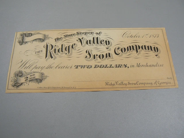 $2 Ridge Valley Iron Company Store Credit Obsolete Certificate Banknote 1873