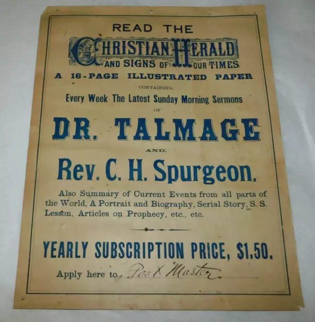 1890's Christian Herald Magazine Broadside Advertisement Poster