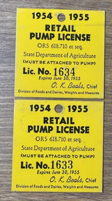 2 Vintage 1954 State Oregon Retail Gasoline Gas Oil Pump License Tag Metal Plate