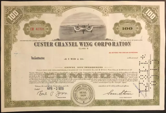 Custer Channel Wing Corporation 100 Shares Airplane Stock Certificate 1970