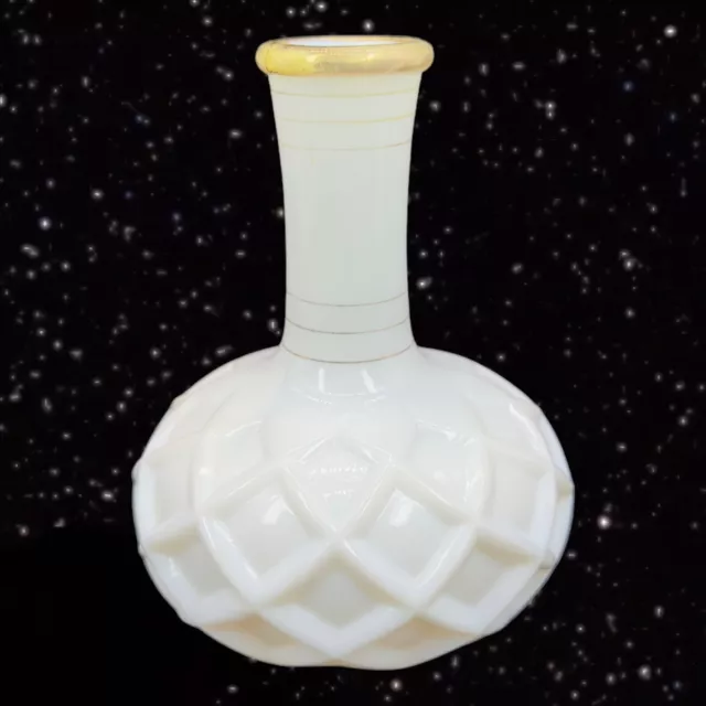 Antique Fenton Opalescent Milk Glass Vase Diamond Lattice Pattern Bottle 5”T
