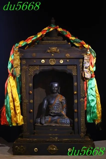 30"Tibet Buddhism temple Bodhi root wood bronze Sakyamuni Buddhist shrine statue