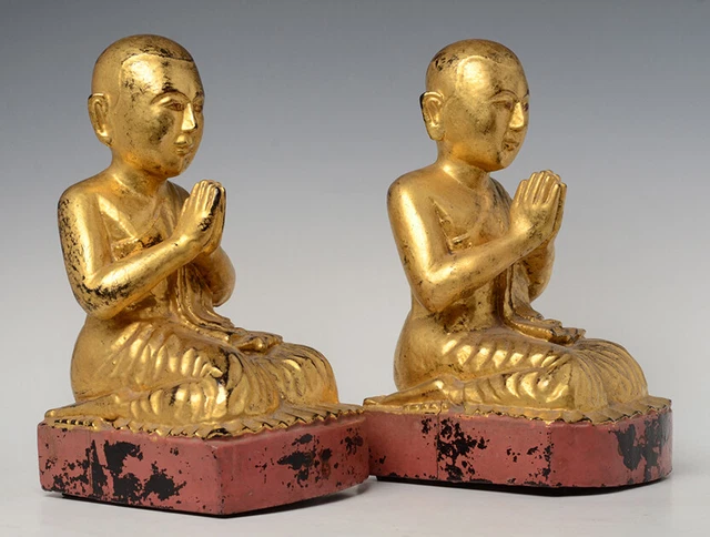 19th Century, Mandalay, A Pair of Antique Burmese Wooden Seated Disciples 12
