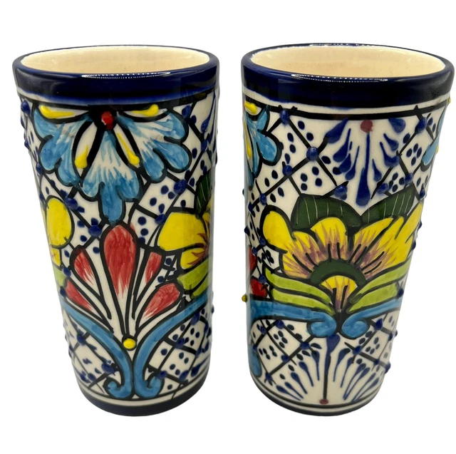 Set of 2 Talavera Mexican Pottery Vase Tumbler Cups Marked Alba 6 inches Tall