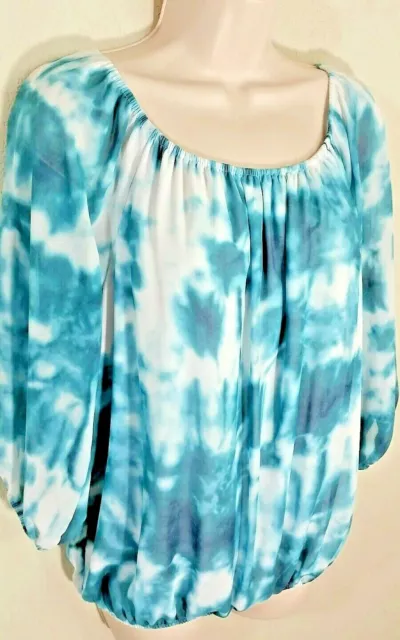 INC International Concepts Blue Green Tie Dye Peasant Blouse Sheer Sleeves Sz 6