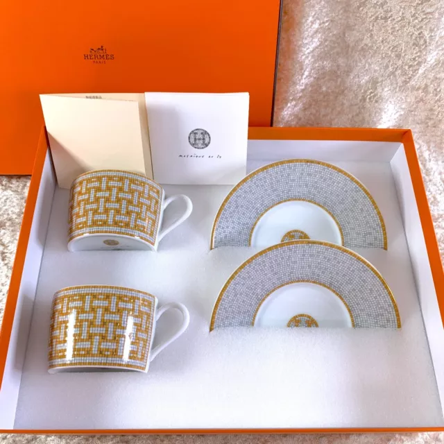 HERMES Tea Cup Saucer Mosaique Au 24 Gold 2 Sets Porcelain Tableware w/Box