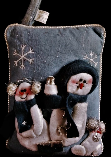 NWT Trio Snowmen "Welcome" Pillow-Sparkle Silver on Blue Background 7"W x 10"T