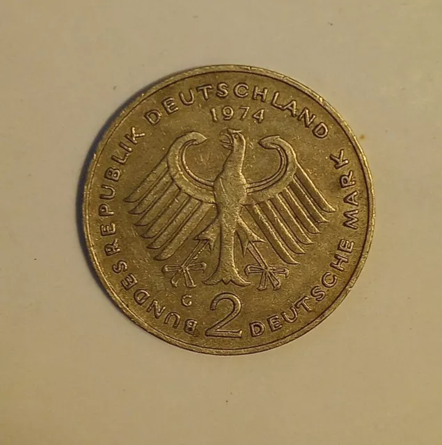 1974 G GERMANY 2 DEUTSCHE MARK Circulated Coin