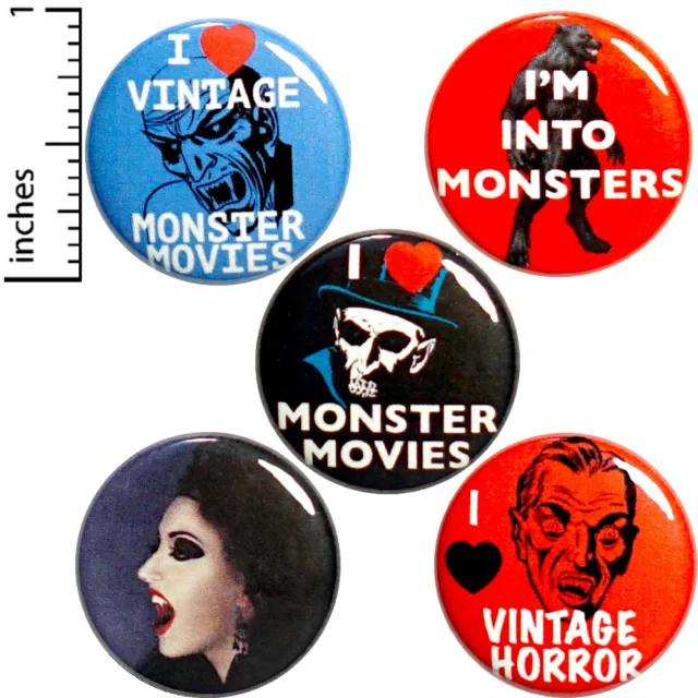Monster Movies 5 Pack Buttons Backpack Pins Vintage Monster Movie Addict 1" #P12