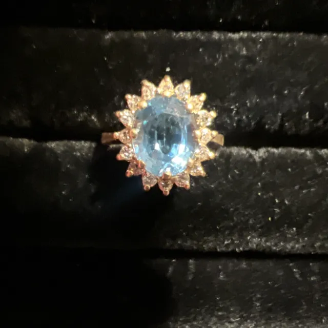 Beautiful 14K Solid Gold Blue Topaz Diamond Ring Size 5