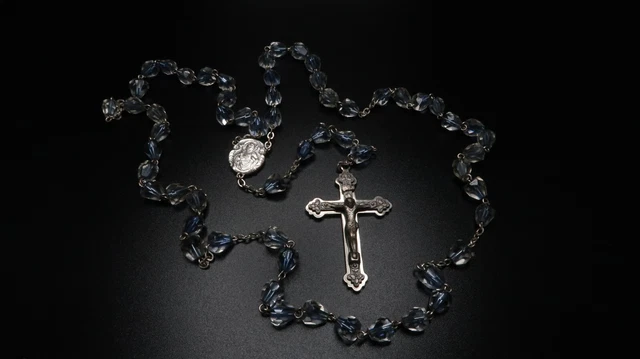 Antique CLEAR BLUE Faceted Crystal Bead Silver ROSARY