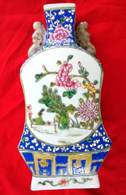 Old China Vase 14.5" Enamel Porcelain Floral Twin Ear Multi color Hand painted