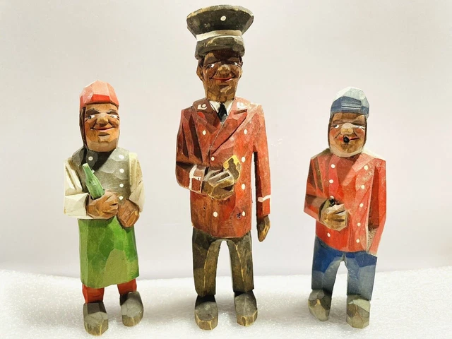 Lot of 3 Vintage Hand Carved Wooden Figures Doorman, Woman holding Bottle, Hat