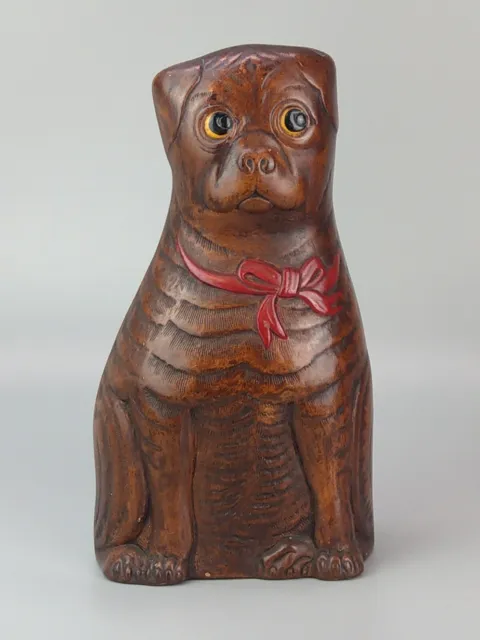 Large Brown Vintage Pug Dog Model pottery faux carved wood glaze