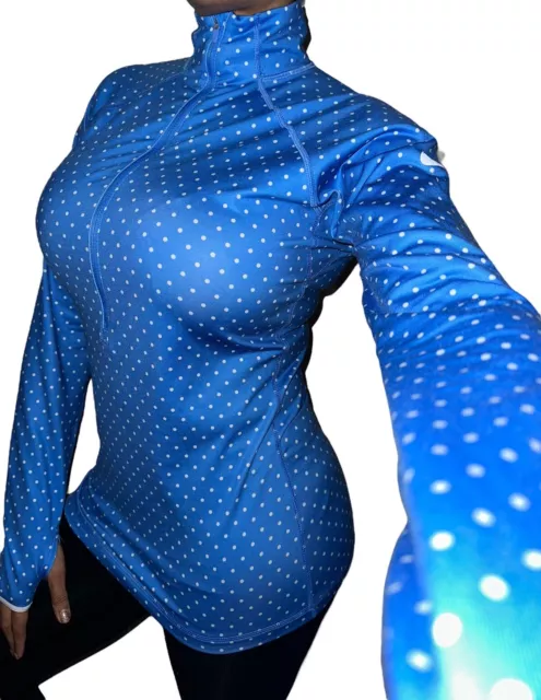 Nike Pro Pullover Dri Fit 1/2 Zip Womens M Blue White Polka Dot Logo Thumb Cuff