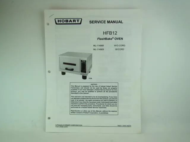 Hobart HFB12 Electric FlashBake Oven Service Manual ML-114906 & ML-114909