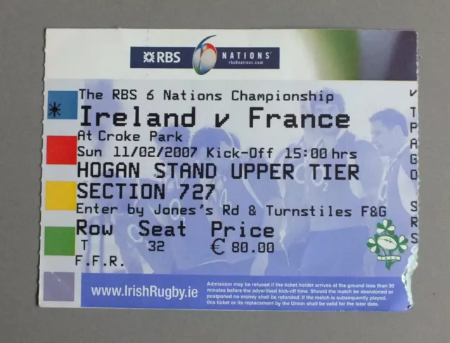 Ticket - Billet De Rugby - France Irlande - Six Nations - 11 Fevrier  2007