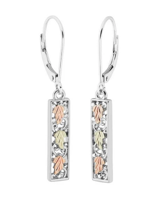 12k black hills gold on sterling silver three leaf dangle lever back earrings