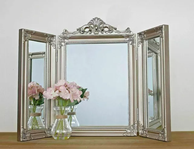 Dressing Table Mirror Antique Silver Shabby Chic Trifold Free Standing Vanity
