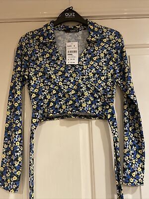 Quiz Ditsy wrap style top Jersey floral blue bnwt size 8 Crop
