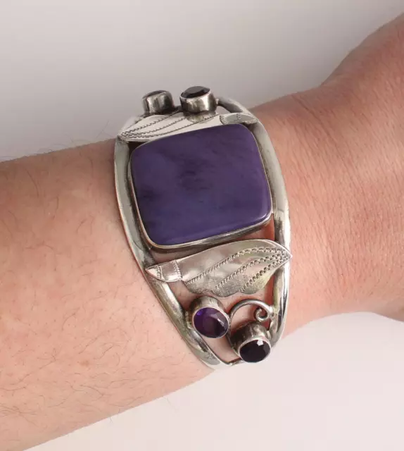 Vintage Handmade Western Sterling Silver Sugilite & Amethyst Cuff Bracelet NR