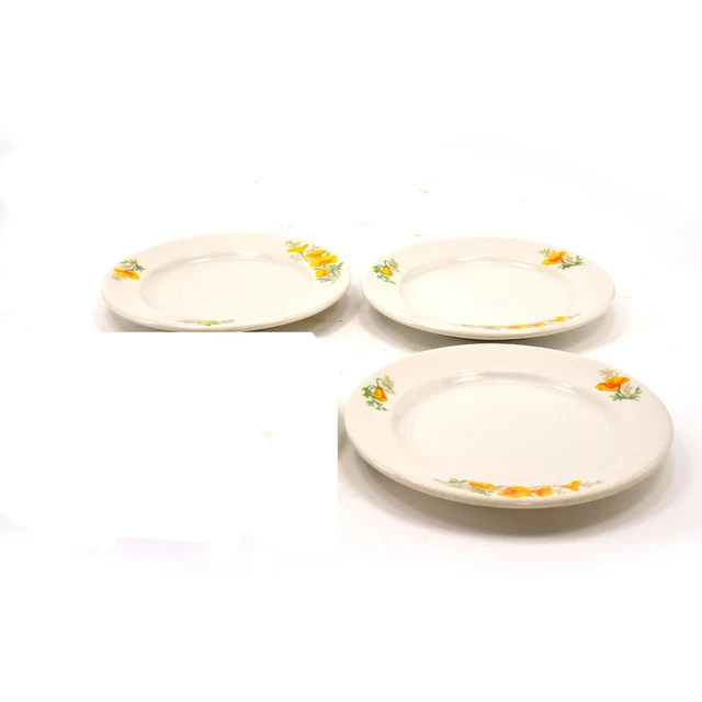 Three (3) Santa Fe Railroad 'California Poppy' bread plates Syracuse Fred Harvey