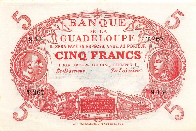 Guadeloupe  5  Francs  L. 1901  P 7  Series T  ERROR  Circulated Banknote QZ41