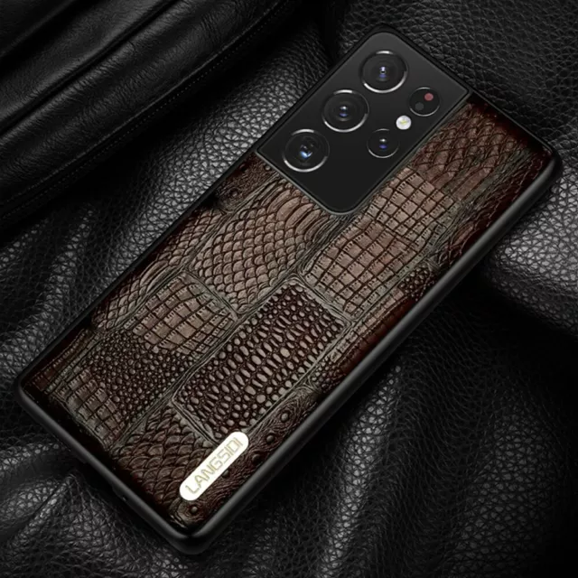 2023 Genuine Leather Splicing Grids Glossy Back Case fr Samsung Galaxy S23  Ultra