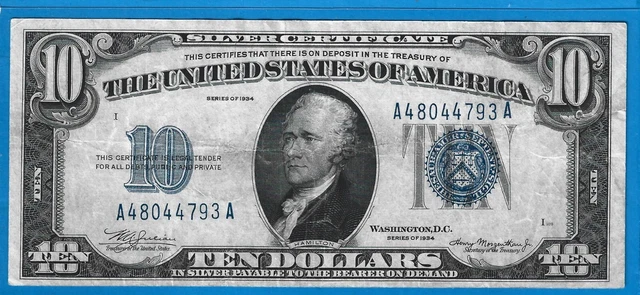 1934 $10 Silver Certificate,Mule Note B/P# 589,Blue Seal,Circ VF,Nice!