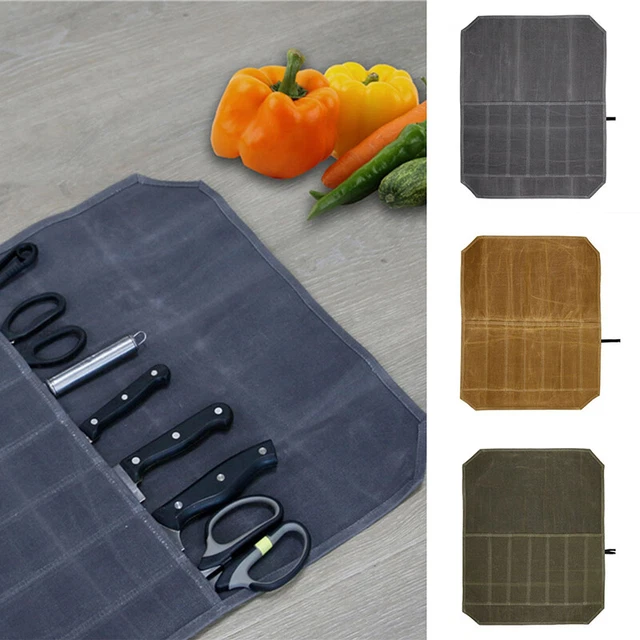 7Slot Portable Chef Knife Roll Bag Waxed Canvas Kitchen Tools Storage Pocket Bag