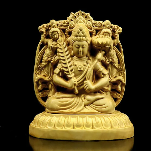 Natural Boxwood Wood Hand Carved Guan Yin Goddess Avalokiteshvara Lotus Statue