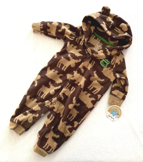 Carters Animal Print Fleece One Piece Jumpsuite With Hood Snap Up Size 3-6 Month