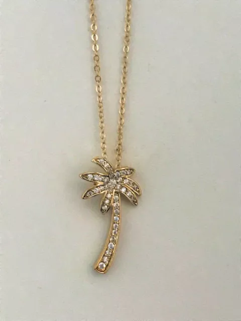 Palm Tree Necklace Pendant with Cubic Zirconia  20" Chain 24k Yellow Gold Plated