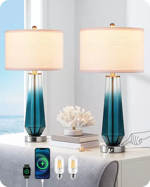 EDISHINE 2 Packs Glass Table Lamps,Touch Control Bedside Lamp, USB Dimmable