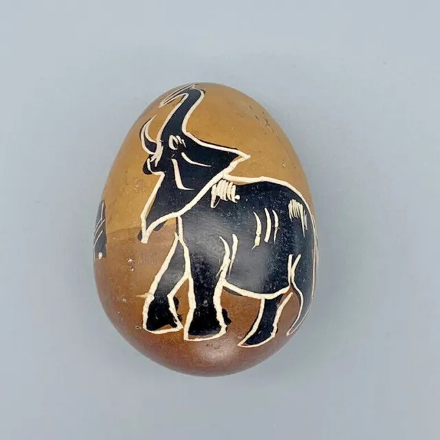 Elephant Soapstone Egg Hand Carved Painted Kenyan African Art Boho Brown Decor
