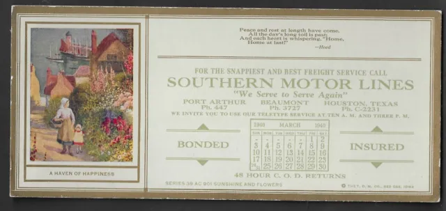 1940 Southern Motor Lines Advertising Calendar Blotter