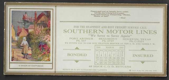 1940 Southern Motor Lines Advertising Calendar Blotter 1940 Southern Motor Lines Advertising Calendar Blotter