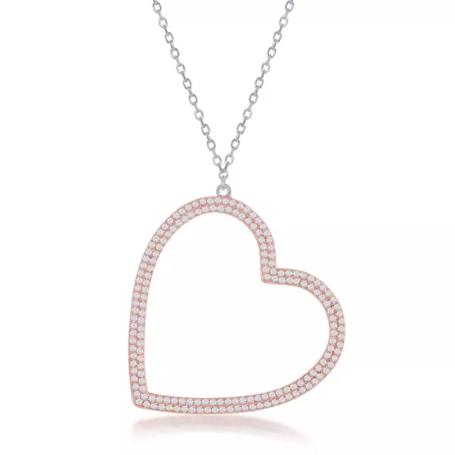 Sterling Silver Rose Gold Plated Large Micro Pave Open Heart Necklace