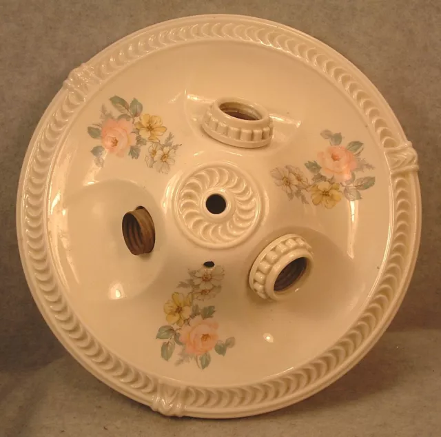 Vintage Porcelier Porcelain Floral Decorated Flush Mount Ceiling Light Fixture