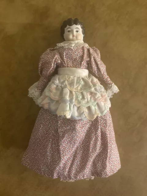 China Head Doll  Cloth Body Porcelain Head, Hands, Feet Vintage Dress 11’’